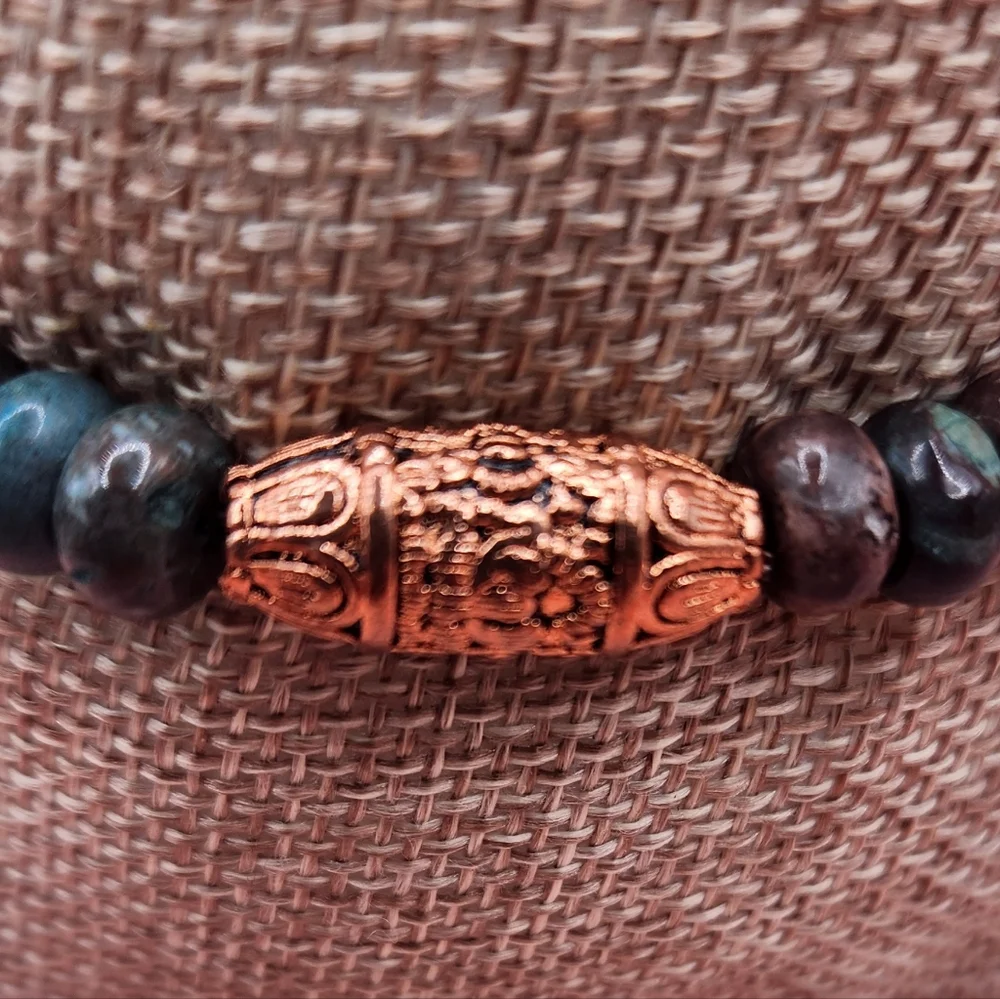 Chrysocolla, Red Jade, and Copper Beaded Bracelet